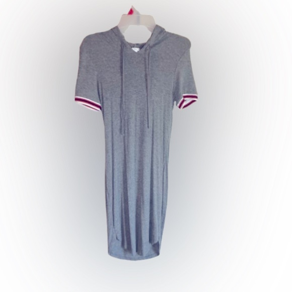 Gray Ribbed Hooded T-Shirt Dress